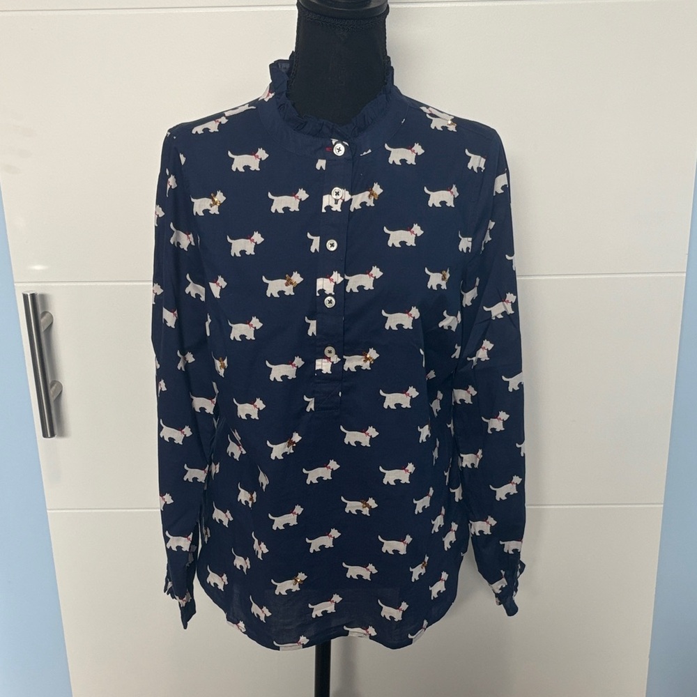 Talbots Sequin Ruffle Neck Popover Blouse with Scottie Dog Pattern